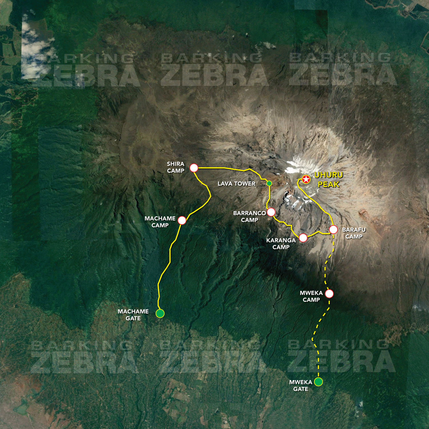 Machame route satellite map of Mount Kilimanjaro