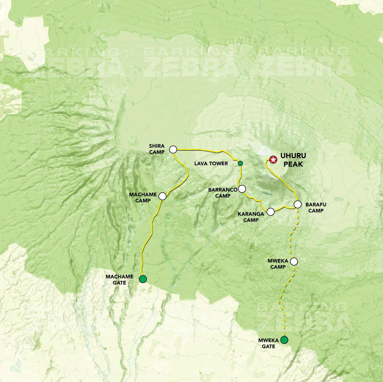 Machame route topographic map of Mount Kilimanjaro